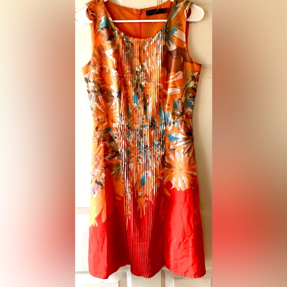 The Limited Orange Blue Taupe Abstract Floral Pleated Sleeveless Dress Size 0